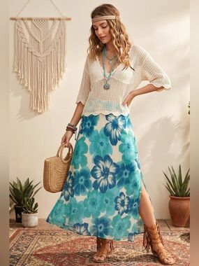 Express Y2K 100% Silk Blue & Teal Floral Maxi Skirt